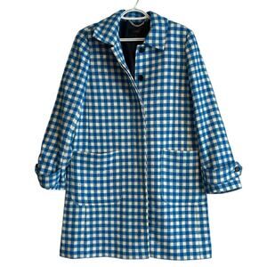 JCrew Blue White Gingham Womens Sz 10 100% wool Plaid Car Coat Feminine Cottage